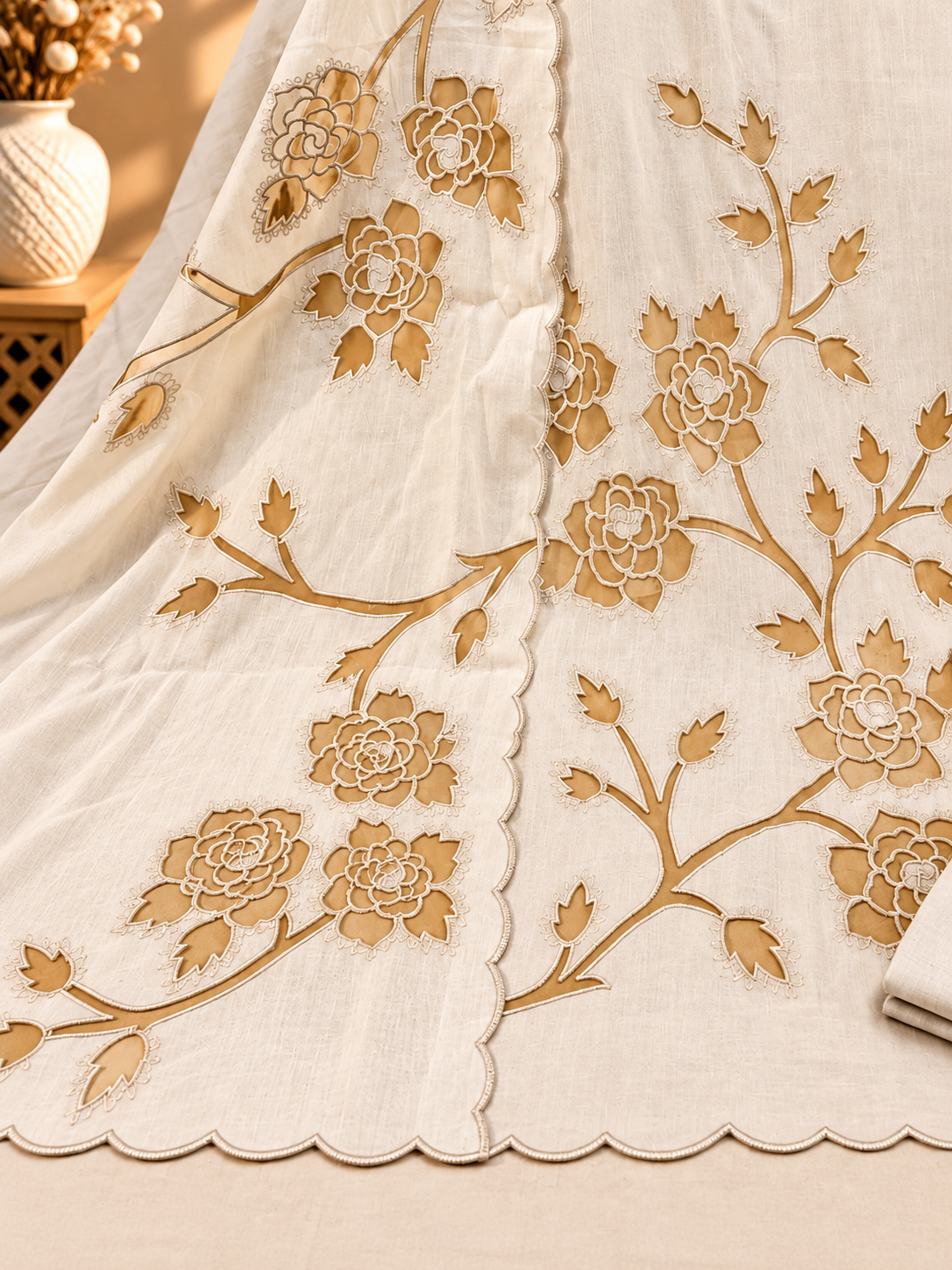 Ivory White Pure Mul Chanderi Designer Unstitched Suit with Floral Embroidery | Premium Ethnic Suit Set