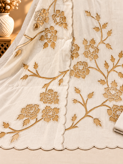 Ivory White Pure Mul Chanderi Designer Unstitched Suit with Floral Embroidery | Premium Ethnic Suit Set