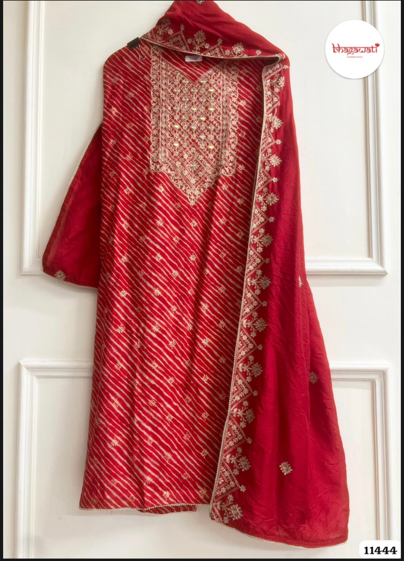 Beautiful Red Modal Silk Suit with Real Mirror Embroidery