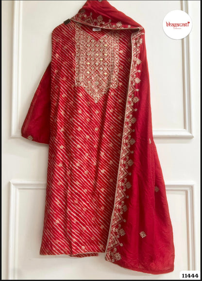 Beautiful Red Modal Silk Suit with Real Mirror Embroidery