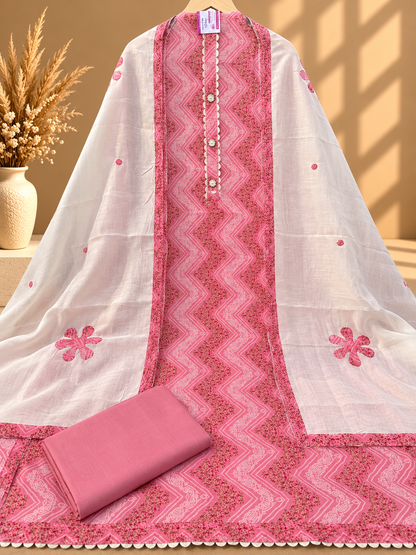 Pink & White Cotton Digital Printed Unstitched Suit with Designer Neckline & Dupatta | Premium Ethnic Suit Set