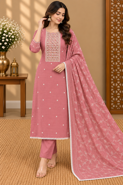 Pink Embroidered Cotton Suit Set with Chikankari-Style Work & Organza Dupatta