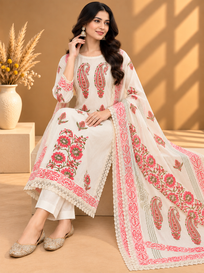 Block Print Linen Suit Set for Women | Hand Block Printed Floral & Peacock Design Unstitched Suit