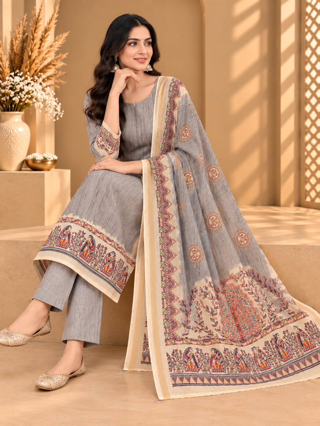 Grey Maheshwari Silk Unstitched Suit | Designer Printed Suit with Ethnic Border