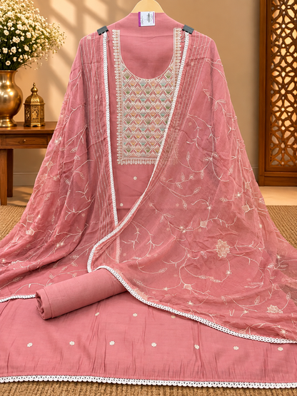 Pink Embroidered Cotton Suit Set with Chikankari-Style Work & Organza Dupatta