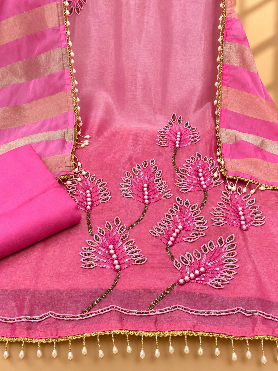 Pink Designer Unstitched Suit with Embroidered Floral Work & Striped Dupatta | Premium Ethnic Suit Set