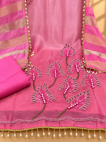 Pink Designer Unstitched Suit with Embroidered Floral Work & Striped Dupatta | Premium Ethnic Suit Set