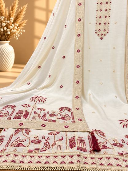 White Designer Unstitched Suit with Embroidered Neckline & Printed Dupatta | Premium Ethnic Suit Set