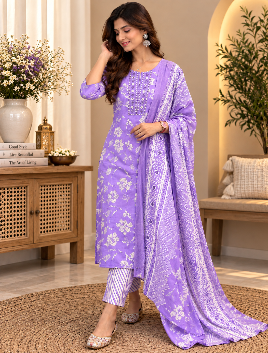 Purple Readymade Cotton Suit Set for Women | Floral Printed Kurta with Printed Dupatta