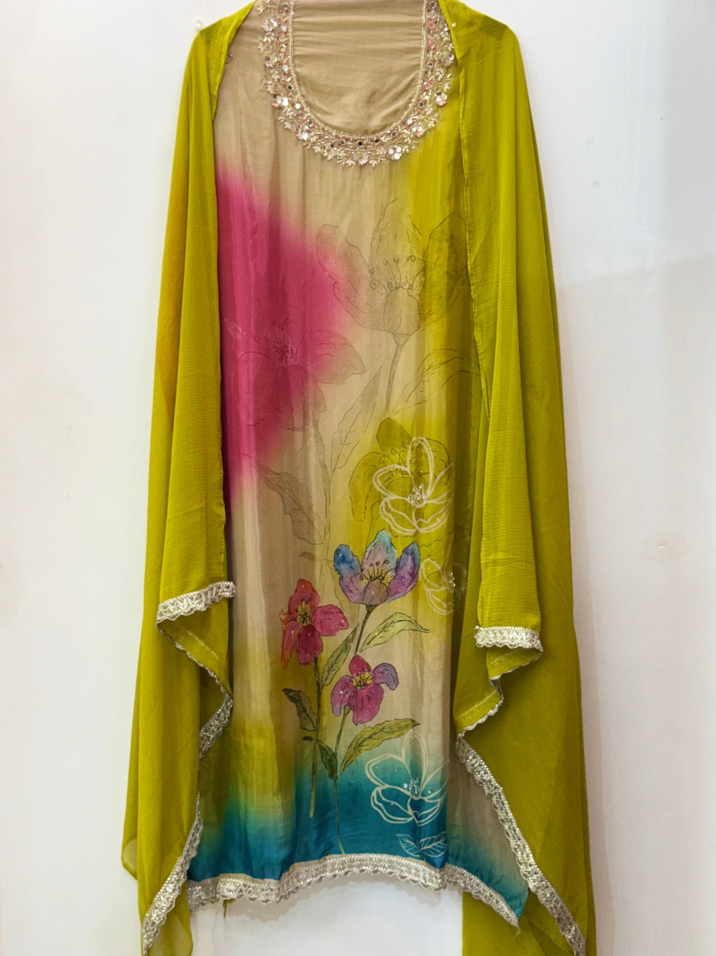 Shining Crepe Suit with Hand Embroidery