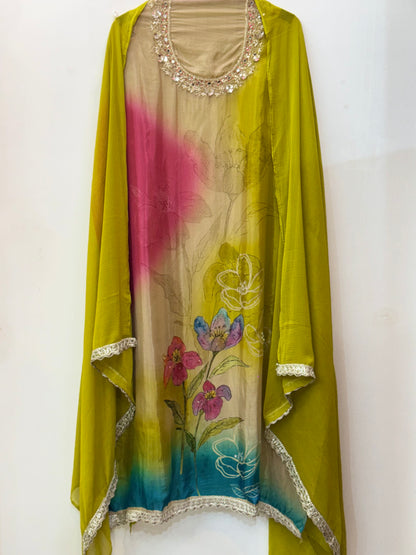 Shining Crepe Suit with Hand Embroidery