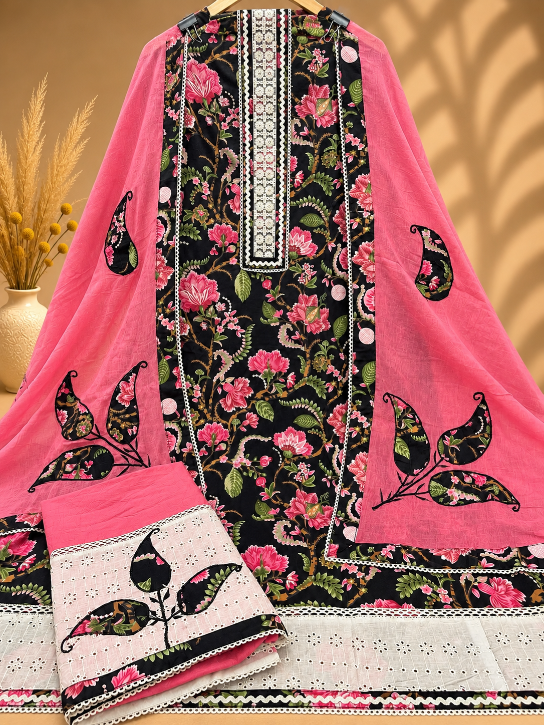 Pink & Black Cotton Digital Printed Unstitched Suit with Designer Dupatta | Floral Printed Cotton Suit Set