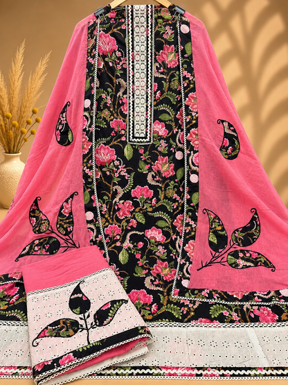 Pink & Black Cotton Digital Printed Unstitched Suit with Designer Dupatta | Floral Printed Cotton Suit Set