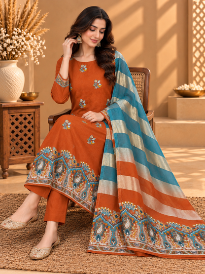 Rust Orange Printed Unstitched Suit in Pure Viscose Organza Silk | Designer Ethnic Wear for Women