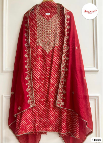 Beautiful Red Modal Silk Suit with Real Mirror Embroidery