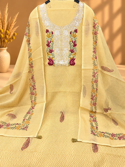Pastel Yellow Designer Floral Embroidered Chanderi Silk Suit