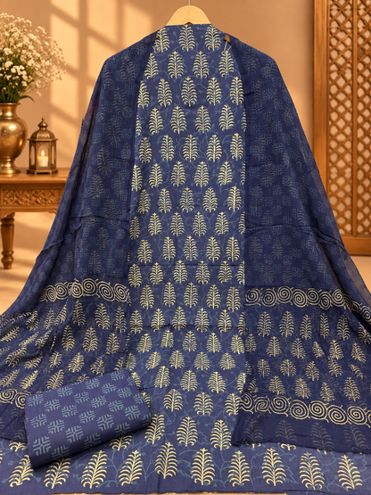 Indigo Block Printed Cotton Suit with Chiffon Dupatta | Elegant Printed Suit Set