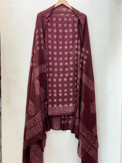Jaipuri Hand Block Printed Suit with Mulmul Dupatta