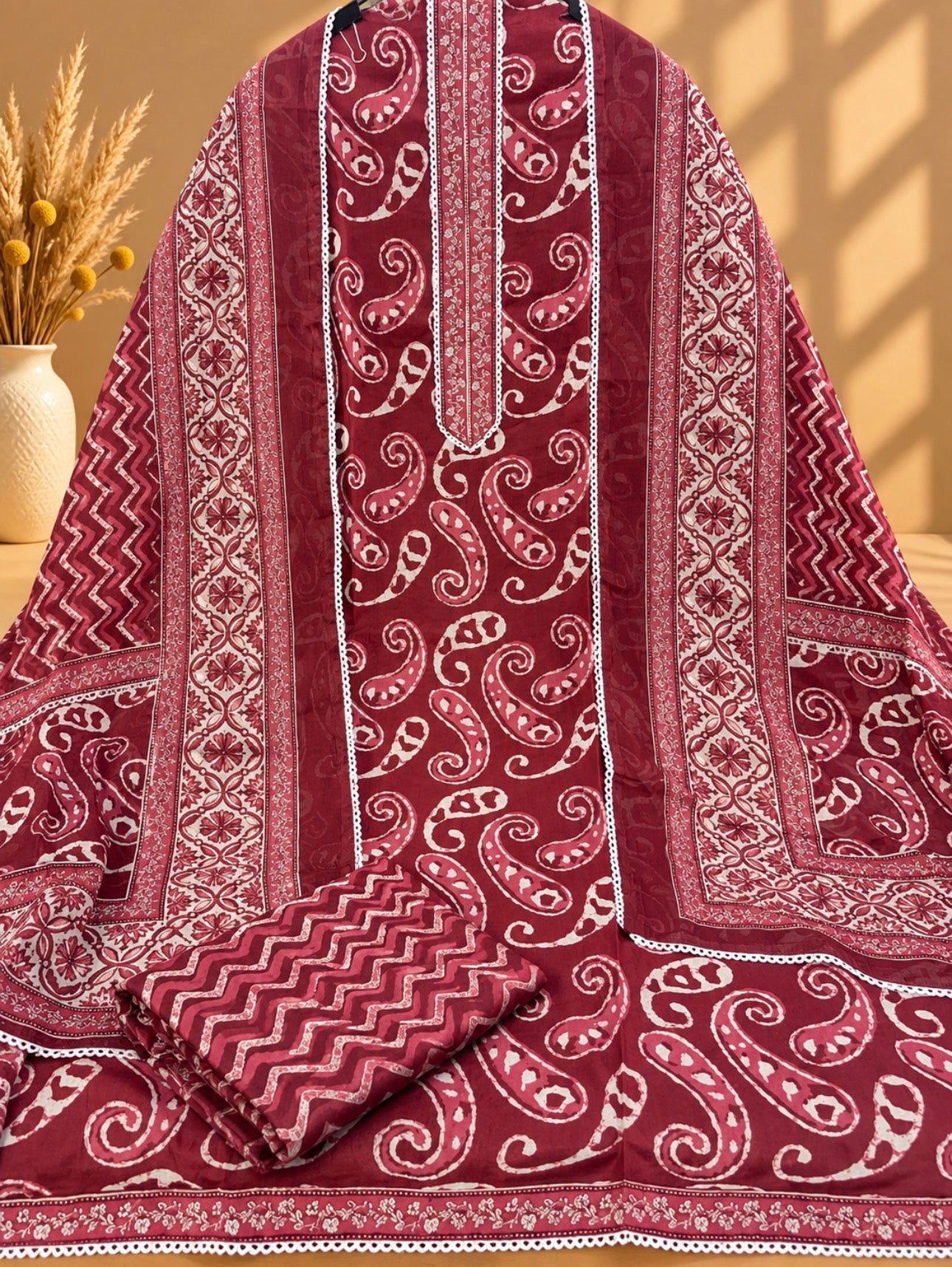 Maroon Jaipuri Cotton Printed Suit | Traditional Paisley Print Designer Unstitched Suit for Women