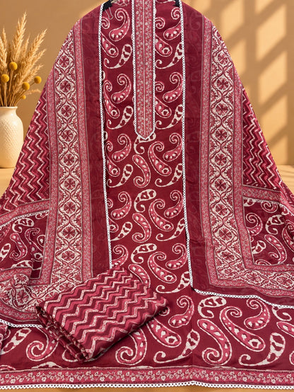 Maroon Jaipuri Cotton Printed Suit | Traditional Paisley Print Designer Unstitched Suit for Women