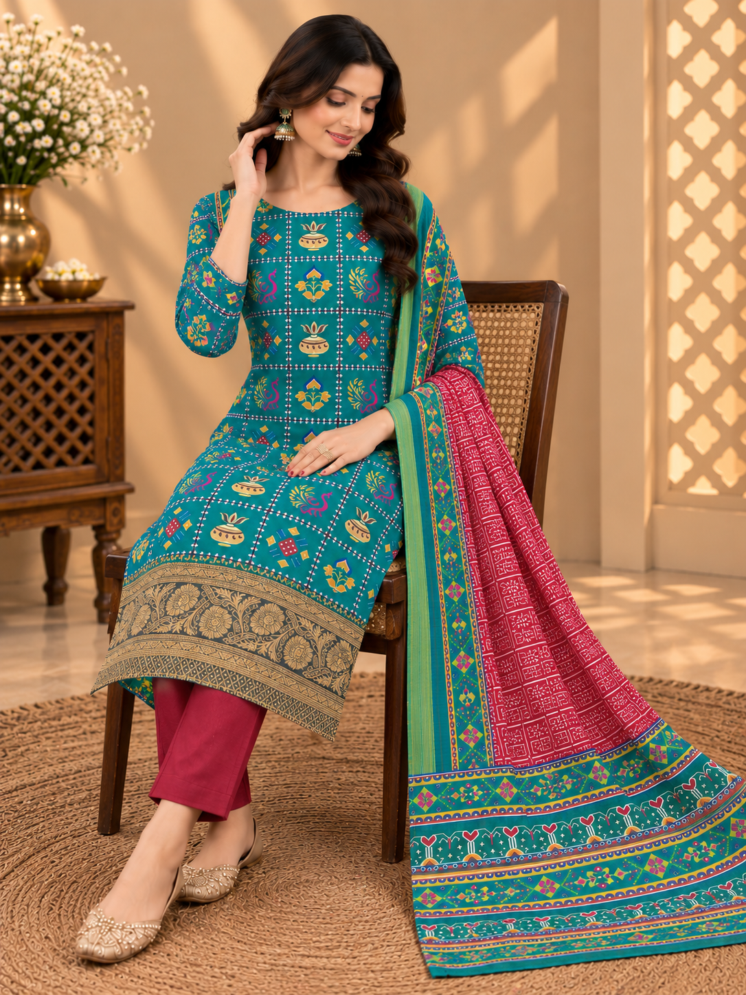 Premium Silk Blend Printed Suit Set with Designer Dupatta | Teal & Maroon Ethnic Suit for Women