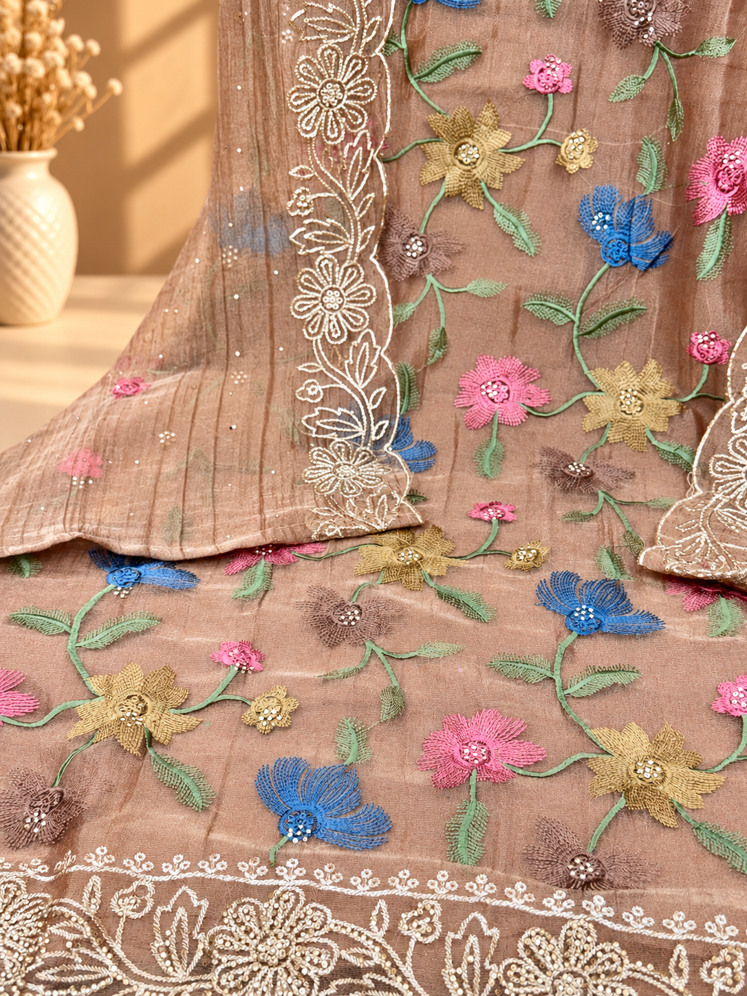 Premium Shimmer Tissue Suit with Multicolour Floral Embroidery & Designer Dupatta | Festive Wear for Women