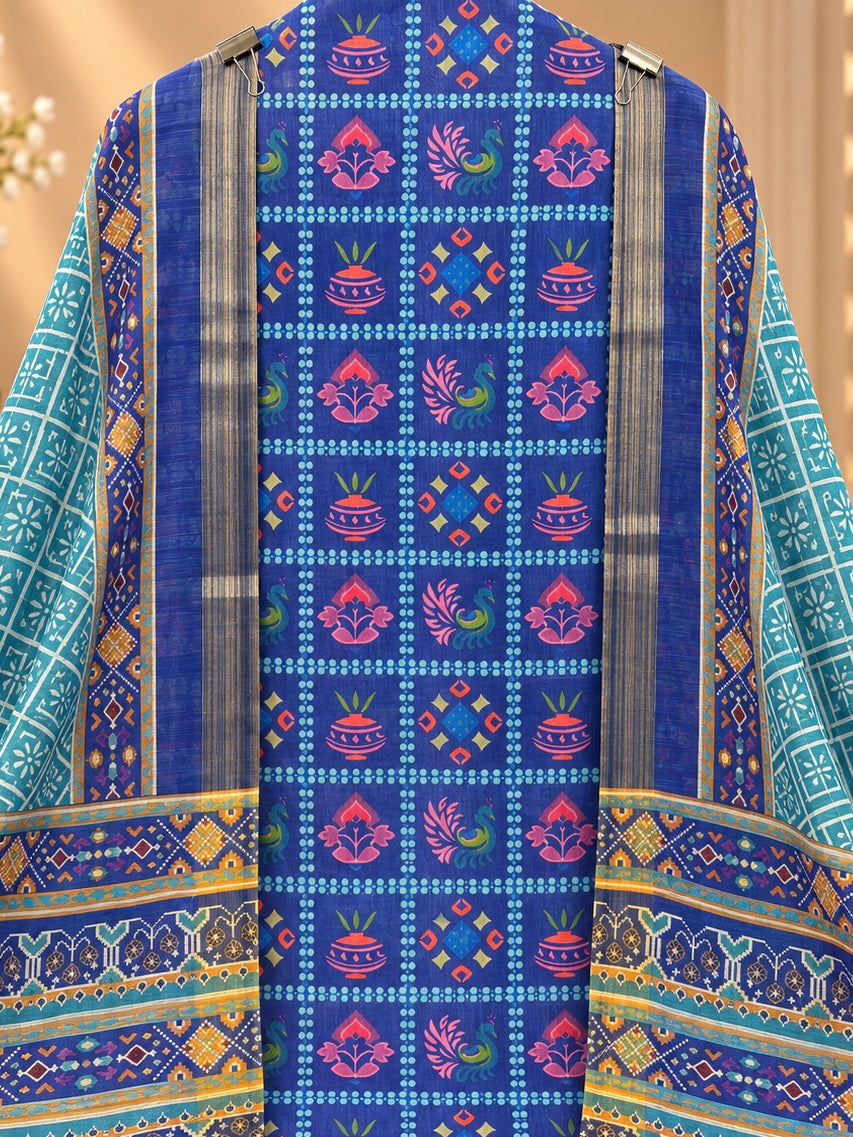 Premium Silk Blend Suit with Multicolor Ethnic Print & Designer Border | Elegant Silk Blend Suit for Women