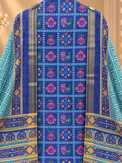Premium Silk Blend Suit with Multicolor Ethnic Print & Designer Border | Elegant Silk Blend Suit for Women