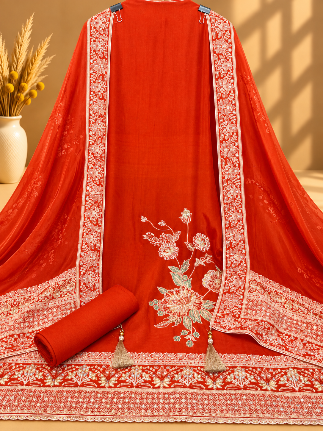 Beautiful Orange Embroidered Unstitched Suit | Floral Designer Suit for Women