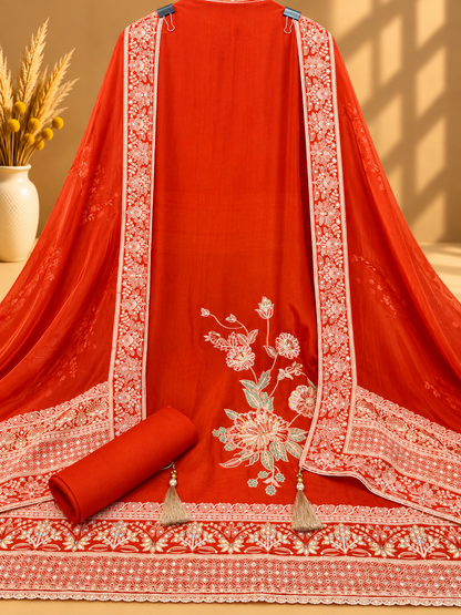 Beautiful Orange Embroidered Unstitched Suit | Floral Designer Suit for Women