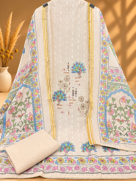 Linen Unstitched Suit Set for Women | Floral Printed Linen Suit with Peacock Design & Dupatta