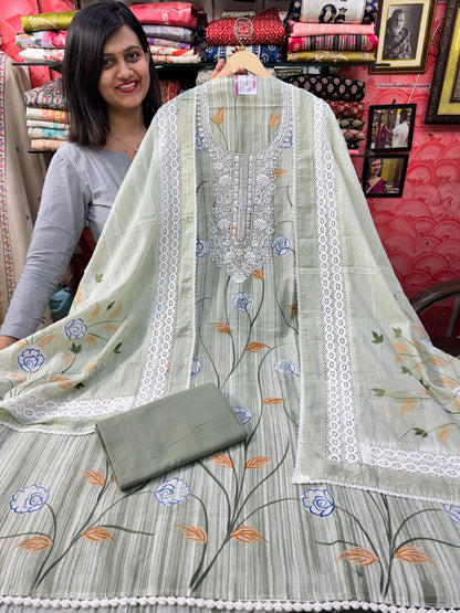 Premium Hand Painted Cotton Suit with Crochet Lace work