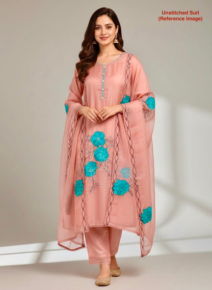 Peach Organza Silk Designer Unstitched Suit with Floral Embroidery & Dupatta | Premium Ethnic Suit Set