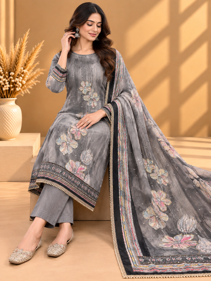 Premium Crepe Suit Fabric with Floral Embroidery & Designer Border | Bhagawati