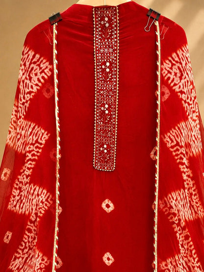 Premium Crepe Suit Set with Bandhani Print & Embroidered Neckline | Red Designer Crepe Suit for Women