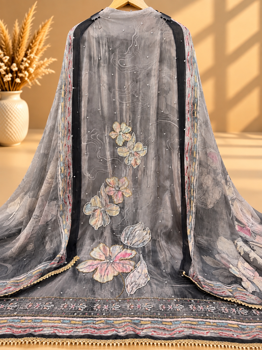 Premium Crepe Suit Fabric with Floral Embroidery & Designer Border | Bhagawati