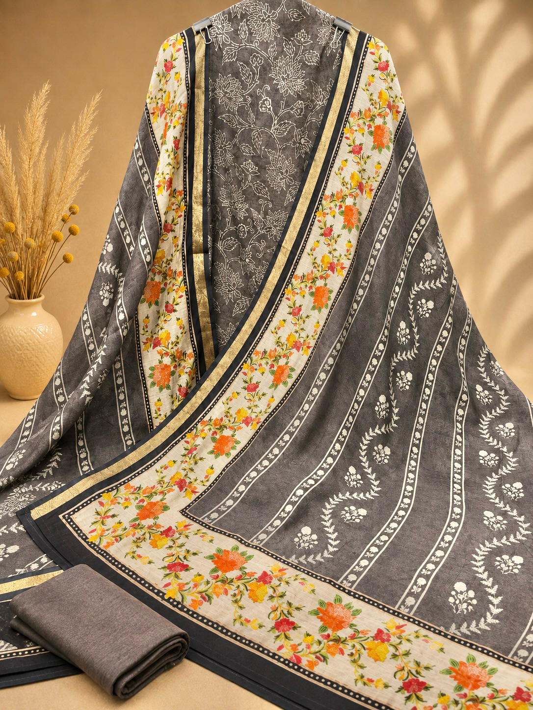 Premium Maheshwari Silk Suit with Floral Printed Design & Designer Border | Elegant Silk Suit for Women