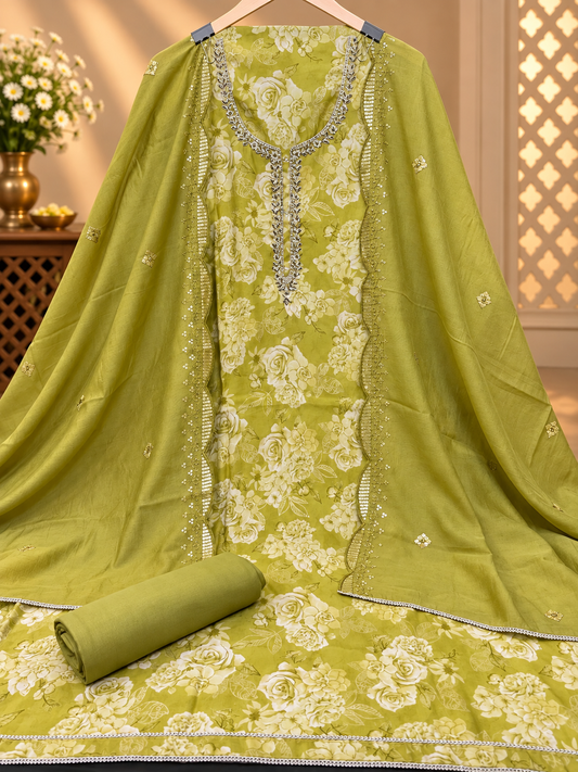 Premium Modal Silk Printed Suit Set with Elegant Embroidery | Olive Green Floral Suit for Women