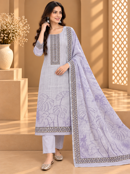 Lavender White Linen Printed Suit | Designer Linen Unstitched Suit with Floral Dupatta