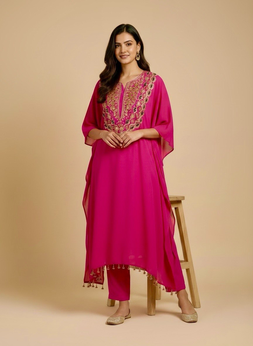 Pure Crepe Designer Kaftaan with Pants