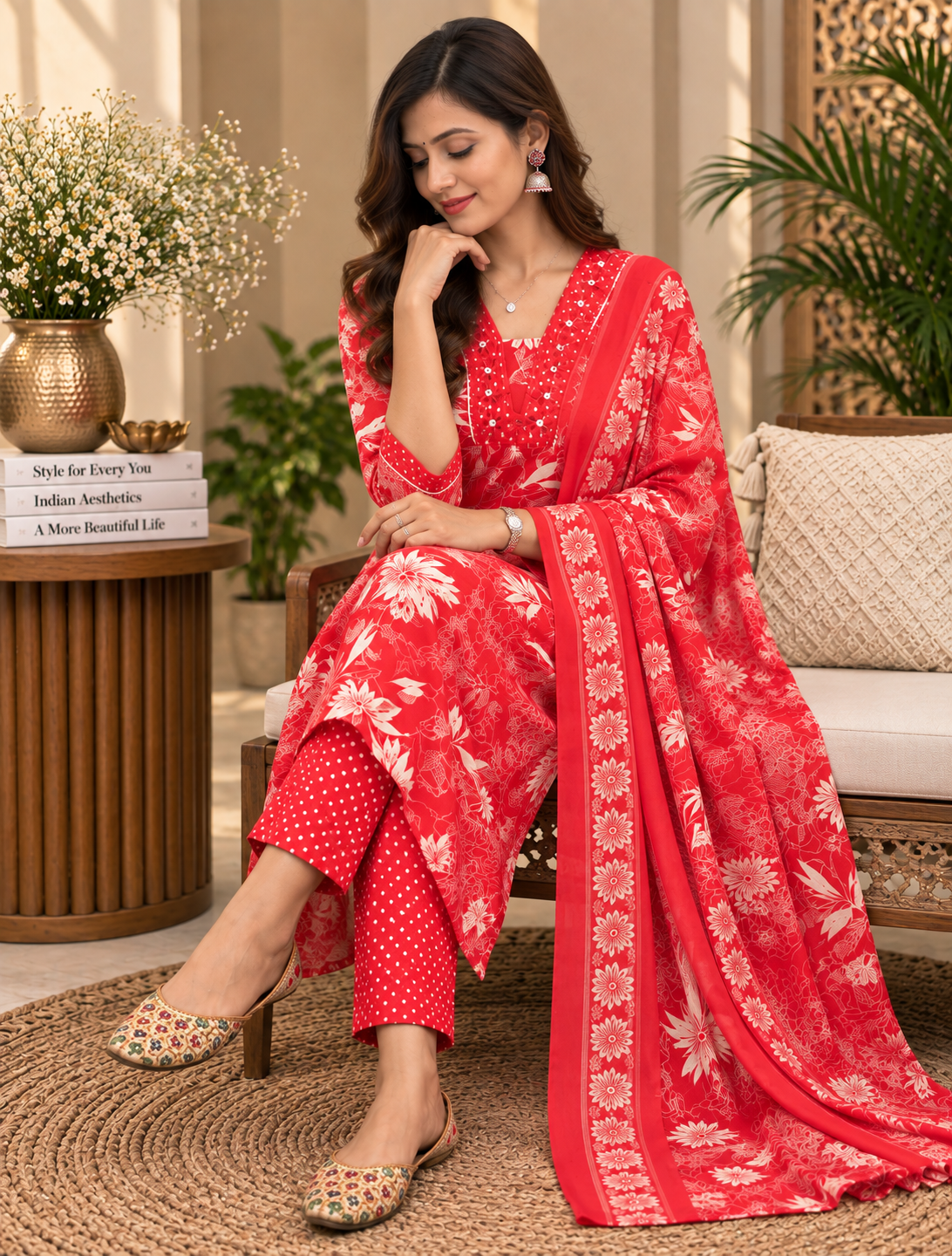 Red Readymade Cotton Suit Set for Women | Floral Printed Kurta with Dupatta