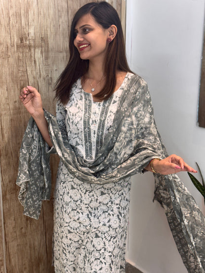 Beautiful Embroidered Cotton Suit Set with Mul Cotton Dupatta