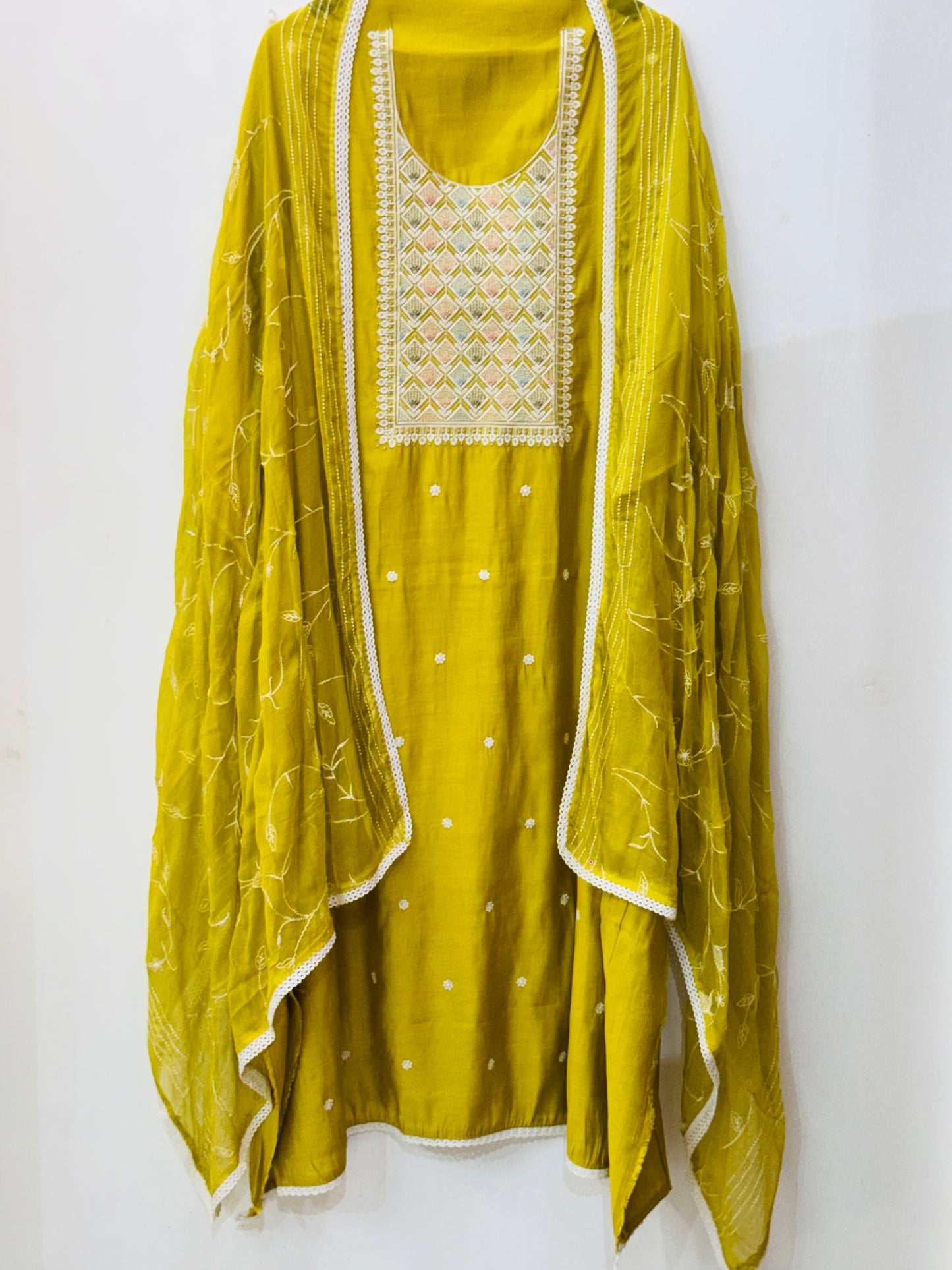 Beautiful thread work muslin suit with heavy Jaal work dupatta
