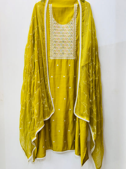 Beautiful thread work muslin suit with heavy Jaal work dupatta