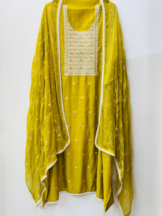 Beautiful thread work muslin suit with heavy Jaal work dupatta