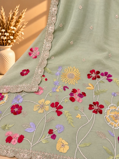 Mint Green Pure Mul Chanderi Resham Thread Embroidered Unstitched Suit | Premium Floral Designer Suit
