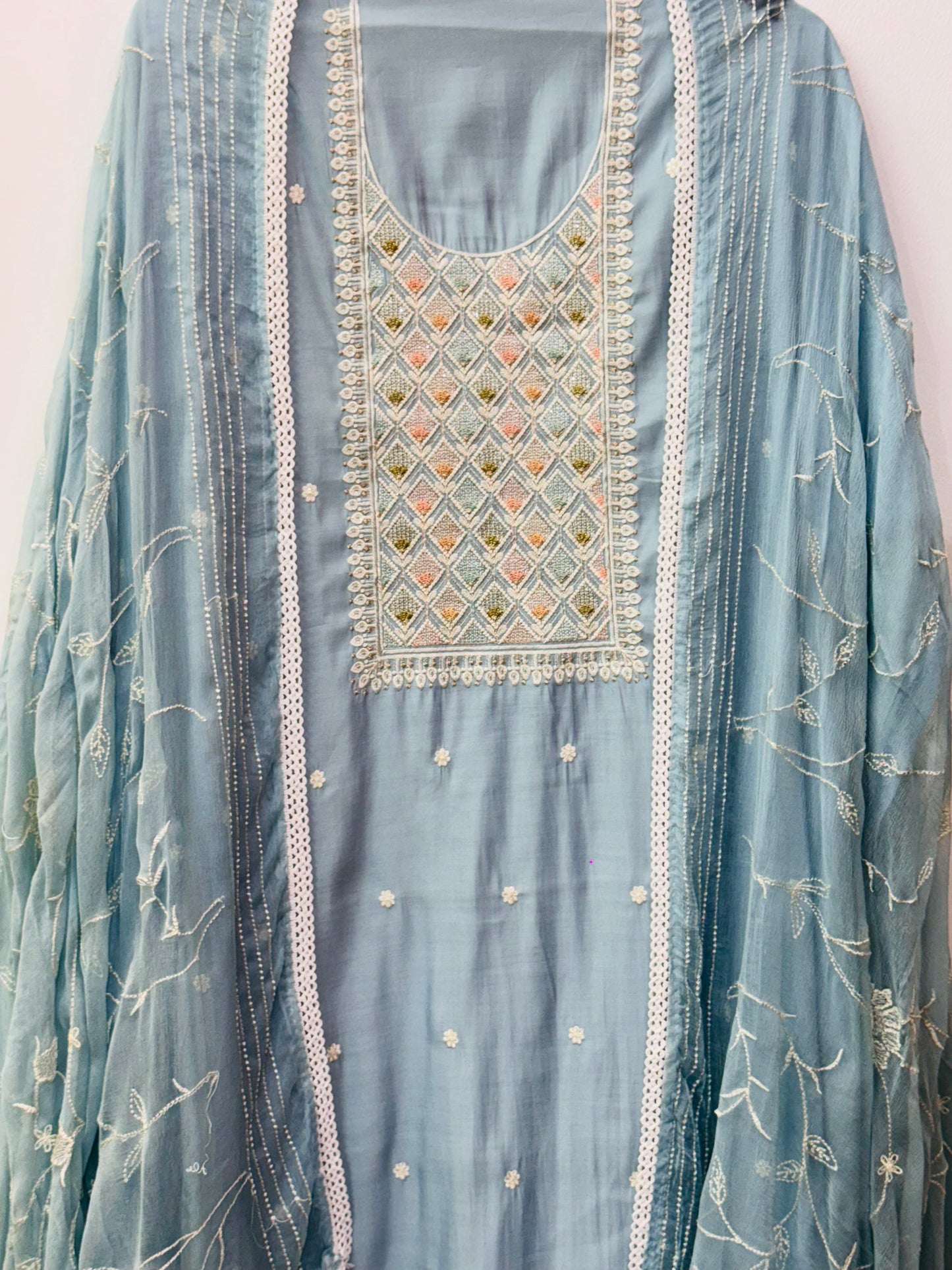 Beautiful thread work muslin suit with heavy Jaal work dupatta