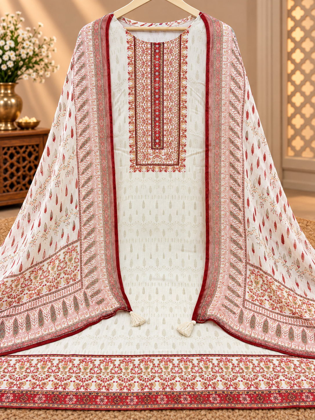 Premium Muslin Suit Set with Traditional Floral Print & Designer Dupatta | Elegant Ethnic Wear for Women