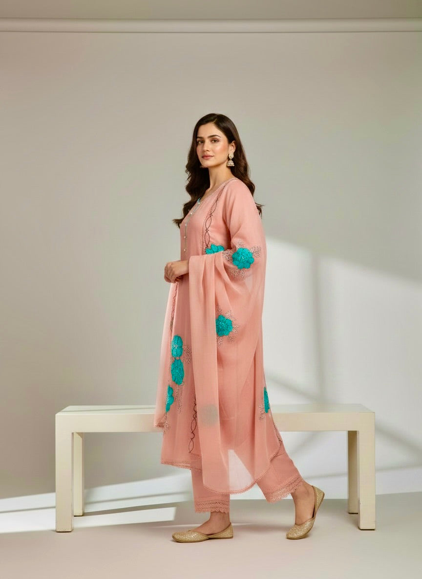 Peach Organza Silk Designer Unstitched Suit with Floral Embroidery & Dupatta | Premium Ethnic Suit Set