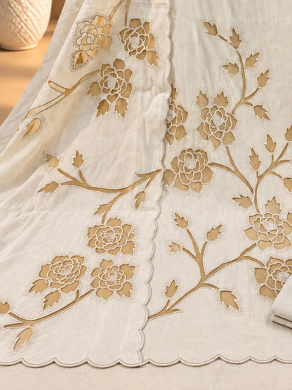 Ivory White Pure Mul Chanderi Designer Unstitched Suit with Floral Embroidery | Premium Ethnic Suit Set